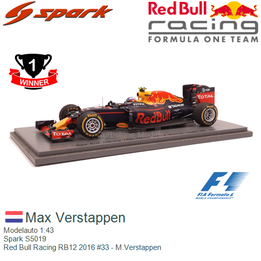 Kruipen Email Telegraaf Modelauto 1:43 | Spark S5019 | Red Bull Racing RB12 2016 #33 - M.Verstappen
