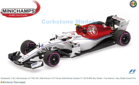 Modelauto 1:43 | Minichamps 417182136 | Alfa Romeo C37 Ferrari Alfa Romeo Sauber F1 2018 #36 Abu Dhabi / Yas Marina / Abu Dhabi