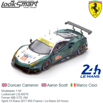 Modelauto 1:43 | Looksmart LSLM070 | Ferrari 488 GTE AM | Spirit Of Race 2017 #55 France / Le Mans 24 Hours