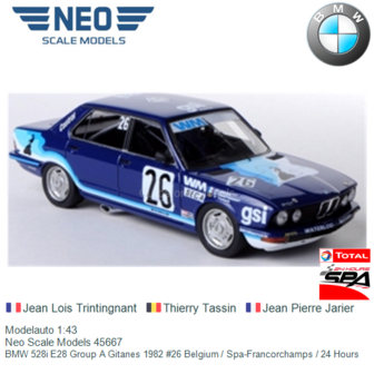 Modelauto 1:43 | Neo Scale Models 45667 | BMW 528i E28 Group A Gitanes 1982 #26 Belgium / Spa-Francorchamps / 24 Hours