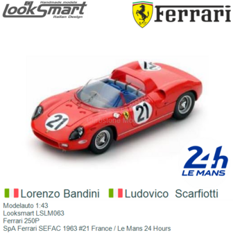 Modelauto 1:43 | Looksmart LSLM063 | Ferrari 250P | SpA Ferrari SEFAC 1963 #21 France / Le Mans 24 Hours
