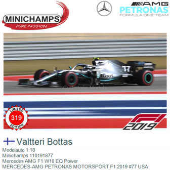 Modelauto 1:18 | Minichamps 110191877 | Mercedes AMG F1 W10 EQ Power | MERCEDES-AMG PETRONAS MOTORSPORT F1 2019 #77 USA