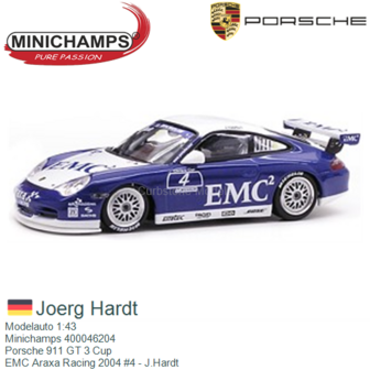 Modelauto 1:43 | Minichamps 400046204 | Porsche 911 GT 3 Cup | EMC Araxa Racing 2004 #4 - J.Hardt