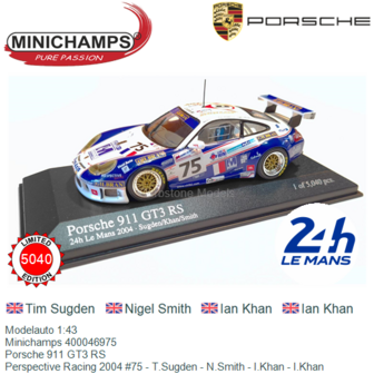 Modelauto 1:43 | Minichamps 400046975 | Porsche 911 GT3 RS | Perspective Racing 2004 #75 - T.Sugden - N.Smith - I.Khan - I.Khan