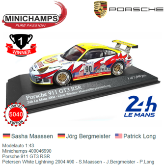 Modelauto 1:43 | Minichamps 400046990 | Porsche 911 GT3 RSR | Petersen White Lightning 2004 #90 - S.Maassen - J.Bergmeister - P