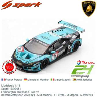 Modelauto 1:18 | Spark 18SG051 | Lamborghini Hurac&aacute;n GT3 Evo | Konrad Motorsport 2020 #21 - M.di Martino - F.Perera - M.Ma