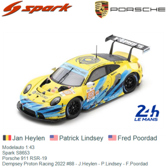 Modelauto 1:43 | Spark S8653 | Porsche 911 RSR-19 | Dempsey Proton Racing 2022 #88 - J.Heylen - P.Lindsey - F.Poordad