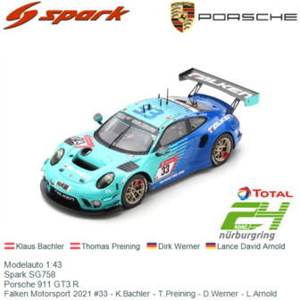 Modelauto 1:43 | Spark SG758 | Porsche 911 GT3 R | Falken Motorsport 2021 #33 - K.Bachler - T.Preining - D.Werner - L.Arnold