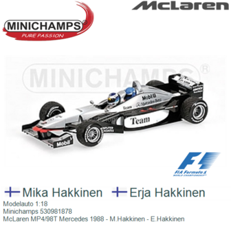 Modelauto 1:18 | Minichamps 530981878 | McLaren MP4/98T Mercedes 1988 - M.Hakkinen - E.Hakkinen