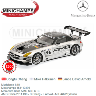 Modelauto 1:18 | Minichamps 151113196 | Mercedes Benz AMG SLS GT3 | AMG China 2011 #96 - C.Cheng - L.Arnold - M.H&#228;kkin