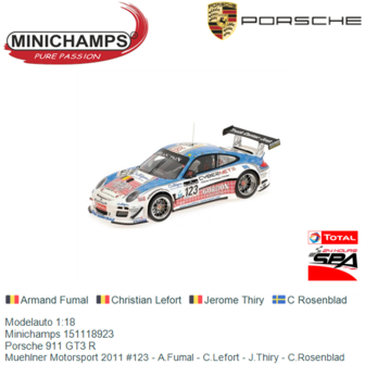 Modelauto 1:18 | Minichamps 151118923 | Porsche 911 GT3 R | Muehlner Motorsport 2011 #123 - A.Fumal - C.Lefort - J.Thiry - C.Ro