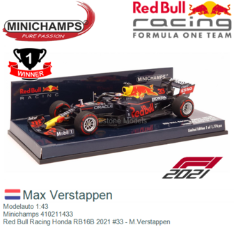 Modelauto 1:43 | Minichamps 410211433 | Red Bull Racing Honda RB16B 2021 #33 - M.Verstappen