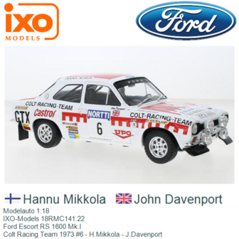 Modelauto 1:18 | IXO-Models 18RMC141.22 | Ford Escort RS 1600 Mk.I | Colt Racing Team 1973 #6 - H.Mikkola - J.Davenport