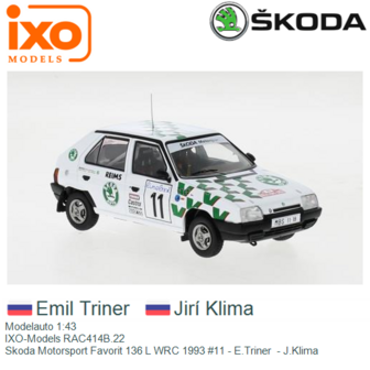 Modelauto 1:43 | IXO-Models RAC414B.22 | Skoda Motorsport Favorit 136 L WRC 1993 #11 - E.Triner  - J.Klima 