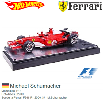 Modelauto 1:18 | Hotwheels J2989 | Scuderia Ferrari F248 F1 2006 #5 - M.Schumacher