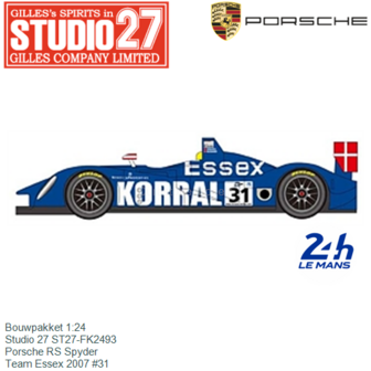 Bouwpakket 1:24 | Studio 27 ST27-FK2493 | Porsche RS Spyder | Team Essex 2007 #31
