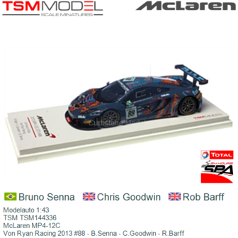 Modelauto 1:43 | TSM TSM144336 | McLaren MP4-12C | Von Ryan Racing 2013 #88 - B.Senna - C.Goodwin - R.Barff