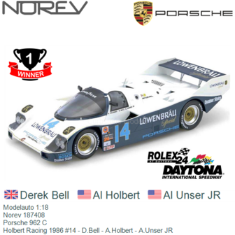 Modelauto 1:18 | Norev 187408 | Porsche 962 C | Holbert Racing 1986 #14 - D.Bell - A.Holbert - A.Unser JR