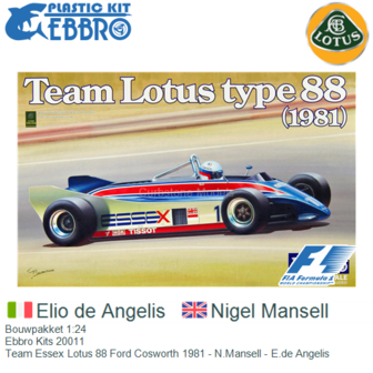 Bouwpakket 1:24 | Ebbro Kits 20011 | Team Essex Lotus 88 Ford Cosworth 1981 - N.Mansell - E.de Angelis