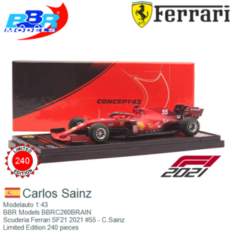 Modelauto 1:43 | BBR Models BBRC260BRAIN | Scuderia Ferrari SF21 2021 #55 - C.Sainz