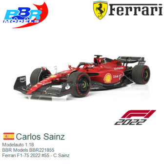 Modelauto 1:18 | BBR Models BBR221855 | Ferrari F1-75 2022 #55 - C.Sainz