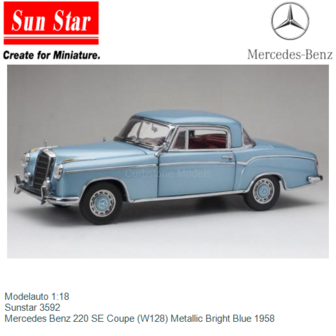Modelauto 1:18 | Sunstar 3592 | Mercedes Benz 220 SE Coupe (W128) Metallic Bright Blue 1958