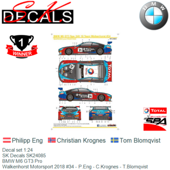 Decal set 1:24 | SK Decals SK24085 | BMW M6 GT3 Pro | Walkenhorst Motorsport 2018 #34 - P.Eng - C.Krognes - T.Blomqvist
