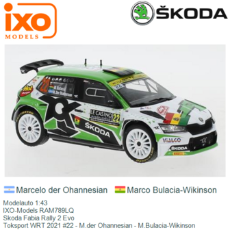 Modelauto 1:43 | IXO-Models RAM789LQ | Skoda Fabia Rally 2 Evo | Toksport WRT 2021 #22 - M.der Ohannesian - M.Bulacia-Wikinson