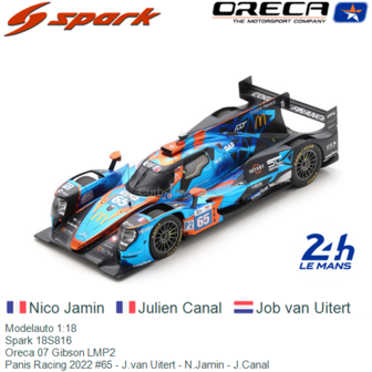 Modelauto 1:18 | Spark 18S816 | Oreca 07 Gibson LMP2 | Panis Racing 2022 #65 - J.van Uitert - N.Jamin - J.Canal