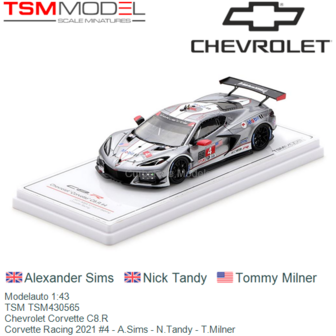 Modelauto 1:43 | TSM TSM430565 | Chevrolet Corvette C8.R | Corvette Racing 2021 #4 - A.Sims - N.Tandy - T.Milner