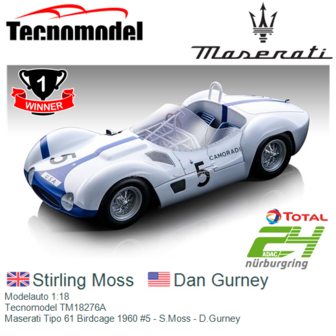 Modelauto 1:18 | Tecnomodel TM18276A | Maserati Tipo 61 Birdcage 1960 #5 - S.Moss - D.Gurney