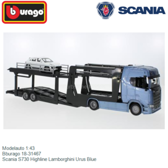 Modelauto 1:43 | Bburago 18-31467 | Scania S730 Highline Lamborghini Urus Blue