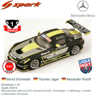 Modelauto 1:43 | Spark AS010 | Mercedes Benz AMG SLS GT3 Chrome 2013 #36 - B.Schneider - T.J&amp;#228;ger - A.Roloff