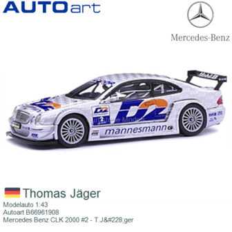 Modelauto 1:43 | Autoart B66961908 | Mercedes Benz CLK 2000 #2 - T.J&amp;#228;ger