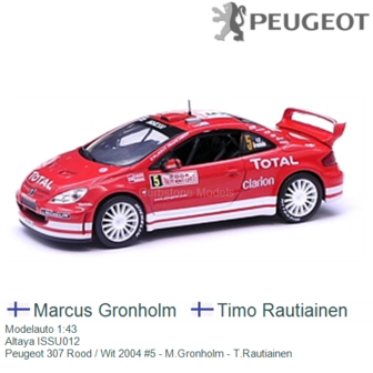 Modelauto 1:43 | Altaya ISSU012 | Peugeot 307 Rood / Wit 2004 #5 - M.Gronholm - T.Rautiainen
