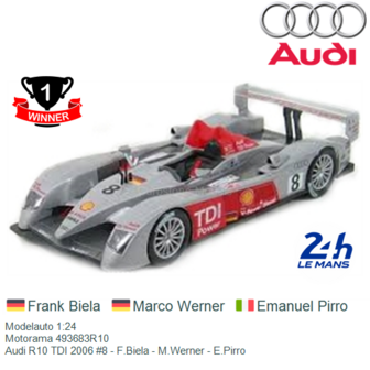 Modelauto 1:24 | Motorama 493683R10 | Audi R10 TDI 2006 #8 - F.Biela - M.Werner - E.Pirro