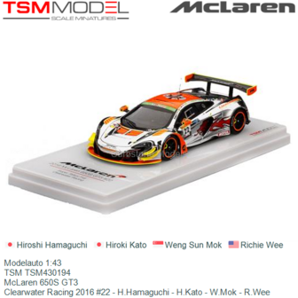 Modelauto 1:43 | TSM TSM430194 | McLaren 650S GT3 | Clearwater Racing 2016 #22 - H.Hamaguchi - H.Kato - W.Mok - R.Wee
