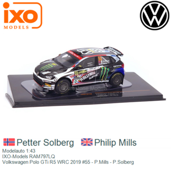 Modelauto 1:43 | IXO-Models RAM797LQ | Volkswagen Polo GTi R5 WRC 2019 #55 - P.Mills - P.Solberg