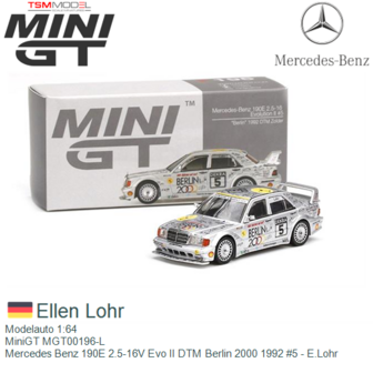 Modelauto 1:64 | MiniGT MGT00196-L | Mercedes Benz 190E 2.5-16V Evo II DTM Berlin 2000 1992 #5 - E.Lohr
