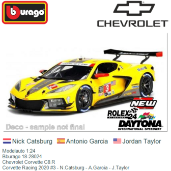 Modelauto 1:24 | Bburago 18-28024 | Chevrolet Corvette C8.R | Corvette Racing 2020 #3 - N.Catsburg - A.Garcia - J.Taylor