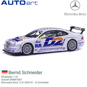 Modelauto 1:43 | Autoart B66961907 | Mercedes Benz CLK 2000 #1 - B.Schneider