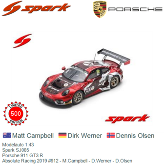 Modelauto 1:43 | Spark SJ085 | Porsche 911 GT3 R | Absolute Racing 2019 #912 - M.Campbell - D.Werner - D.Olsen