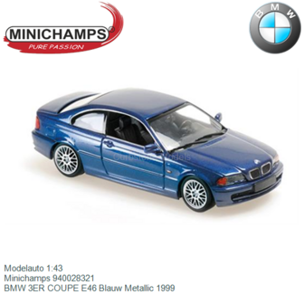 Modelauto 1:43 | Minichamps 940028321 | BMW 3ER COUPE E46 Blauw Metallic 1999