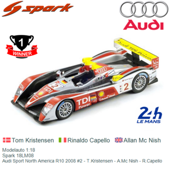 Modelauto 1:18 | Spark 18LM08 | Audi Sport North America R10 2008 #2 - T.Kristensen - A.Mc Nish - R.Capello
