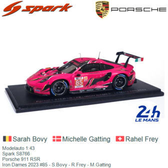 Modelauto 1:43 | Spark S8766 | Porsche 911 RSR | Iron Dames 2023 #85 - S.Bovy - R.Frey - M.Gatting