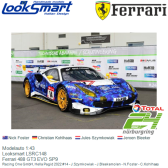 Modelauto 1:43 | Looksmart LSRC148 | Ferrari 488 GT3 EVO SP9 | Racing One GmbH, Hella Pagid 2022 #14 - J.Szymkowiak - J.Bleekem
