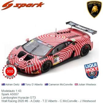 Modelauto 1:43 | Spark AS057 | Lamborghini Hurac&aacute;n GT3 | Wall Racing 2020 #6 - A.Deitz - T.D`Alberto - C.McConville - J.We
