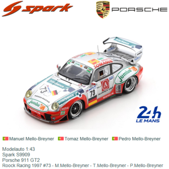 Modelauto 1:43 | Spark S9909 | Porsche 911 GT2 | Roock Racing 1997 #73 - M.Mello-Breyner - T.Mello-Breyner - P.Mello-Breyner