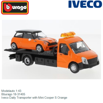 Modelauto 1:43 | Bburago 18-31405 | Iveco Daily Transporter with Mini Cooper S Orange