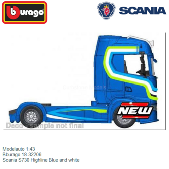 Modelauto 1:43 | Bburago 18-32206 | Scania S730 Highline Blue and white